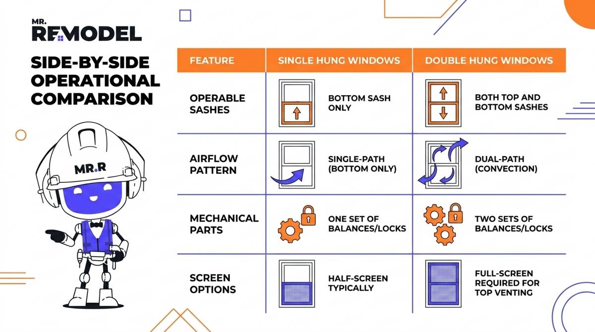 Side-by-side operational comparison between single-hung and double-hung windows. 